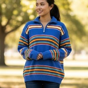 Vintage Y2K LAUREN Ralph Lauren Blue Striped Quarter Zip Pullover Sweater L